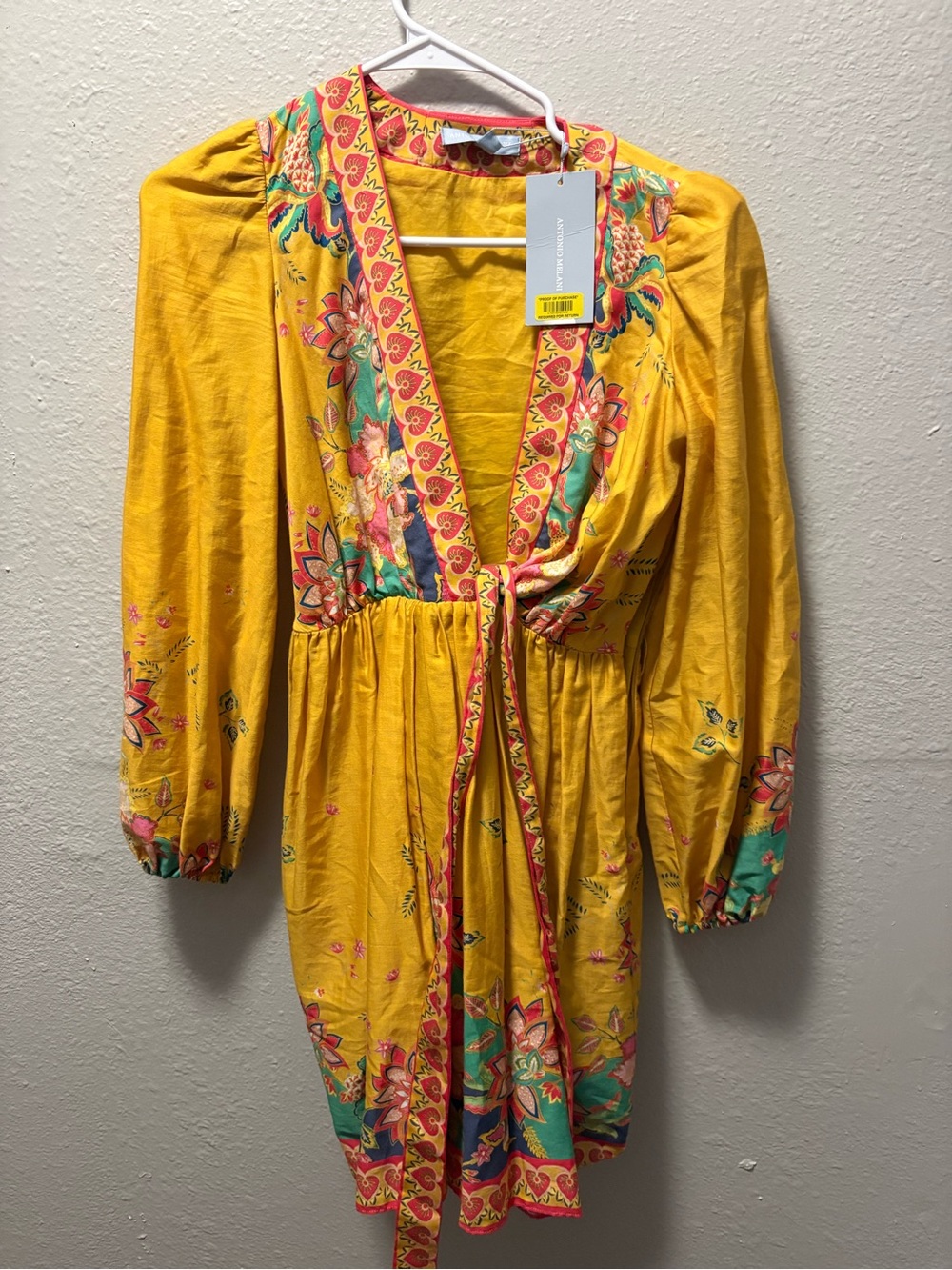 ANTONIO MELANI Yellow Floral Tie-Front Long Sleeve Dress